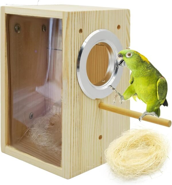Small wooden breeding nest with transparent window