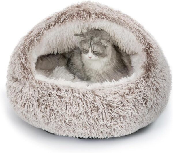Self-warming cat bed with a hood/canopy